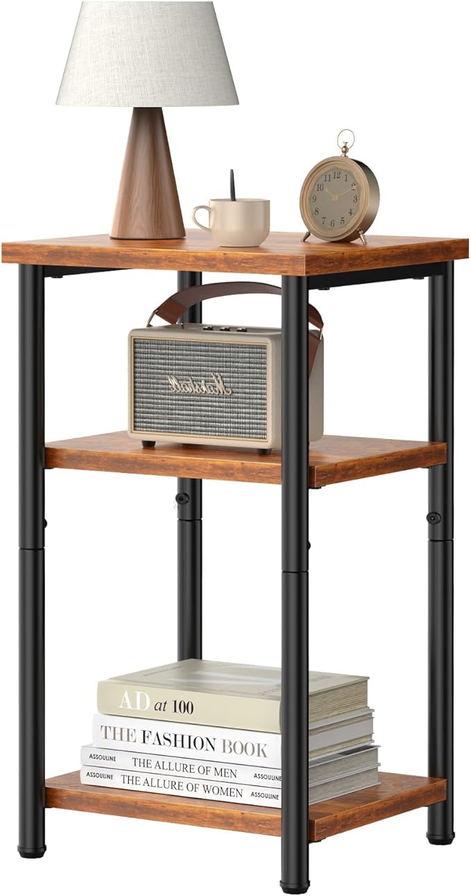 DUMOS End Table Small Side Sofa Tables 3 Tier Tall Nightstand Storage Shelf with Adjustable Feet for Living Room Bedroom Office, Brown