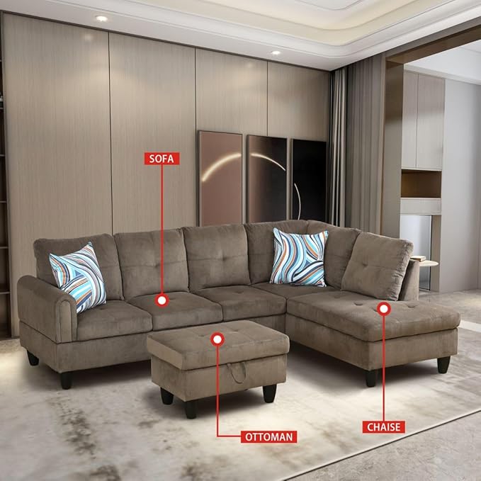 Brown L-Shaped 3-Piece Corduroy Sofa with Storage Ottoman Set, Sectional Couch Sofa Set for Living Room, Office, Small Space