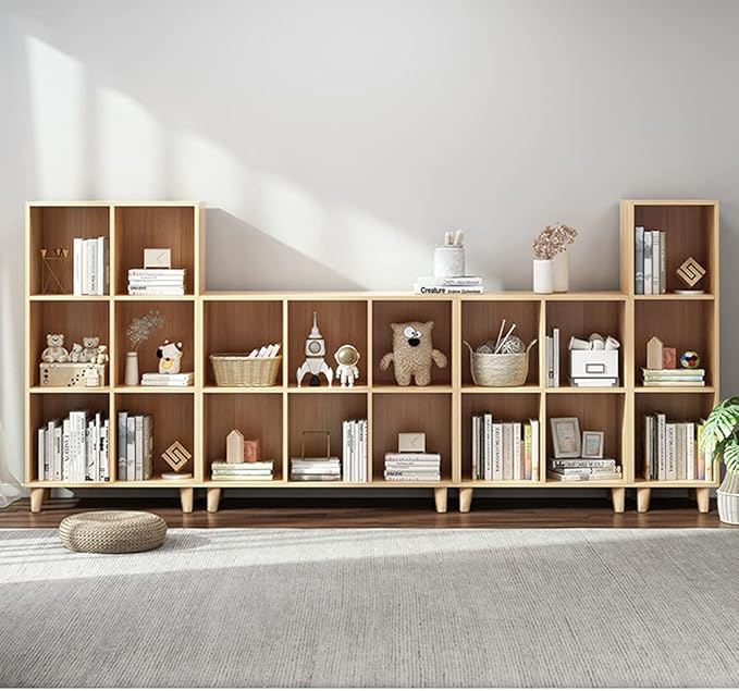 IOTXY Freestanding Open Cubes Bookcase - 2-Tier Floor Standing Wooden Storage Display Cabinet Organizer with Legs for Home Office, 4-Cubes Open Shelf Low Short Bookshelf, Oak