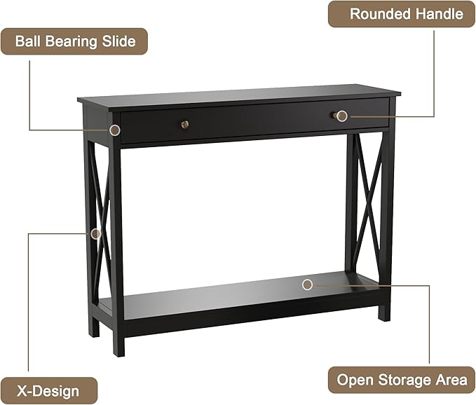 Treocho Black Console Table with Drawer and Storage Shelves, Foyer Sofa Table Narrow for Entryway, Living Room, Hallway