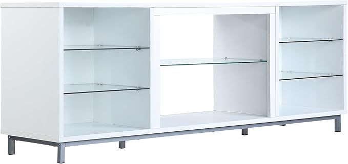 Manhattan Comfort Brighton 60" TV 7 Shelves, Tempered Glass Dividers and Media Wire Management, Modern Free-Standing Entertainment Center for Living Room, Fits up to 56" Television, OneSize, White