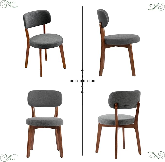 Furniliving Wooden Dining Chairs Set of 4, Mid-Century Modern Linen Upholstered Kitchen Chair with Solid Oak Wood, Farmhouse Dining Room Chairs, Grey