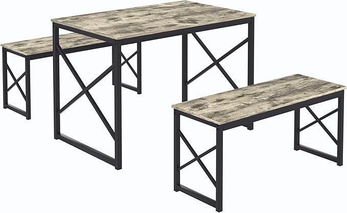 VECELO Kitchen Dining Table Set for 4, 43.3" Wood Rectangle Dinette with 2 Benches, Heavy-Duty Metal Frame for Small Space, Breakfast Nook, Grey
