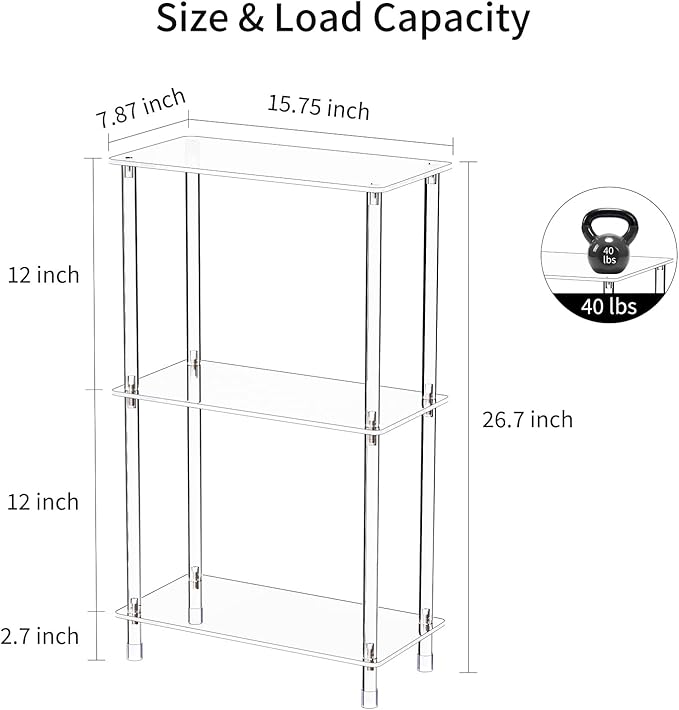 Clear Acrylic Narrow Side Table for Small Spaces, 15.75" L x 7.87" W x 26.7" H, 3 Tier Rectangle Slim End Table Nightstand, Small Mini Skinny Bedside Table for Bedroom, Bathroom, Living Room