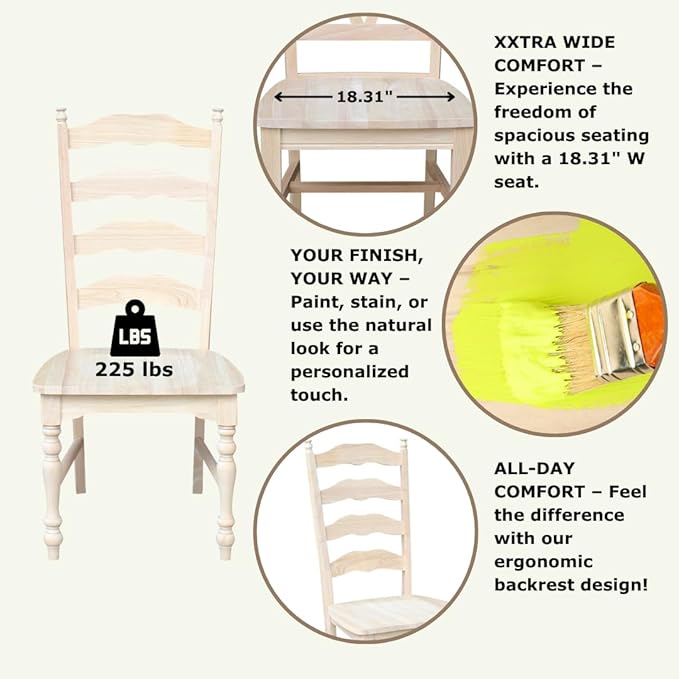 IC International Concepts Set of 2 Maine LadderBack Chairs Dining/Kitchen/Study/Balcony, Solid Wood, Parawood Construction, 20.1"W x 22.6"D x 42.1"H, Ready to Paint or Stain in Any Color, Unfinished