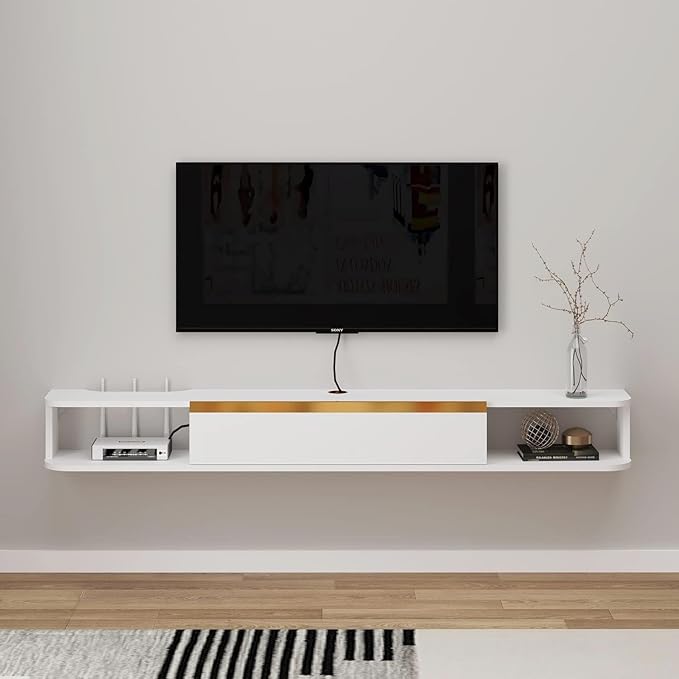 Floating TV Stand, 63'' Wall Mounted Entertainment Center TV Media Console, Floating Shelves with Door, Floating TV Cabinet Large Storage TV Bench for Living Room (White, 62.99IN)