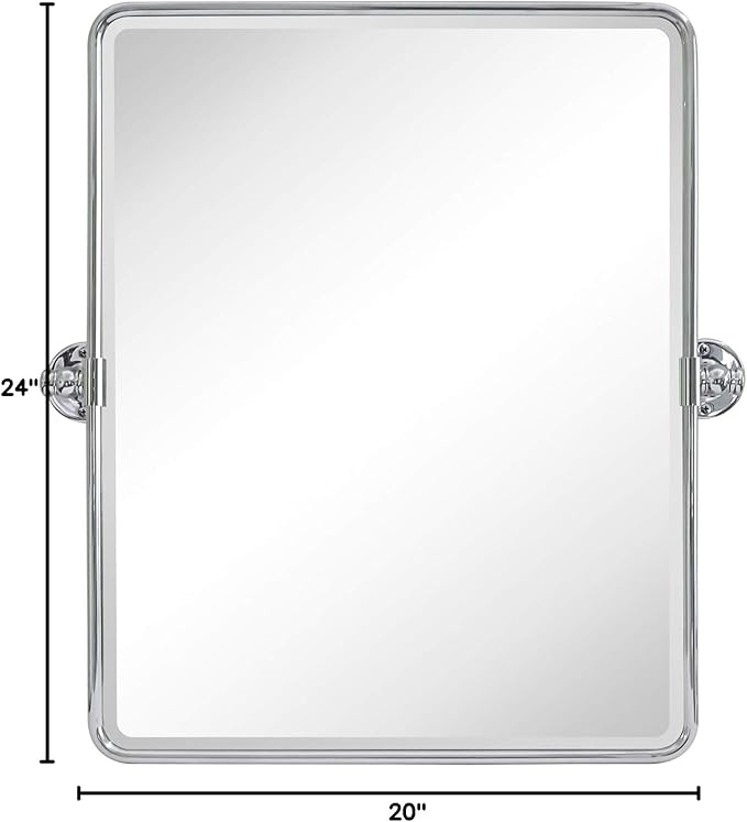 TEHOME 20 x 24 inch Farmhouse Chrome Metal Framed Pivot Rectangle Bathroom Mirror Rounded Rectangluar Tilting Beveled Vanity Mirrors for Wall