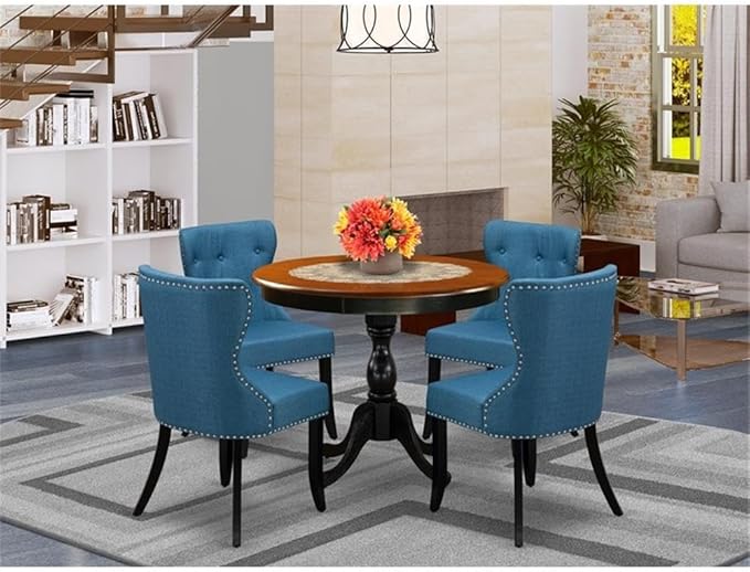 East West Furniture AMSI5-BCH-21 5 Piece Dining Room Furniture Set Includes a Round Kitchen Table with Pedestal and 4 Blue Linen Fabric Parsons Dining Chairs, 36x36 Inch, Black & Cherry