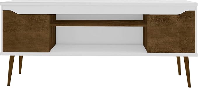 Manhattan Comfort Bradley Mid Century Modern TV Stand for Televisions up to 60 Inches, Living Room Entertainment Center with Storage, Media Shelves and Soft Close Doors, White/Rustic Brown