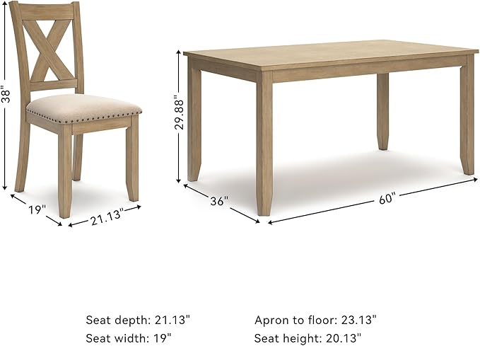 Signature Design by Ashley Sanbriar Casual Dining Table and Upholstered Chairs with Nailhead Trim, Set of 7, Light Brown & Beige