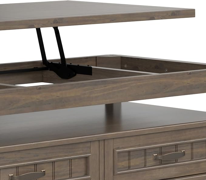 SIMPLIHOME Lev Lift Top Coffee Table - 48 inch Wide Solid Wood Rectangle Living Room Table in Smoky Brown, Transitional Cocktail Table for Family Room with Hidden Storage and Open Shelf