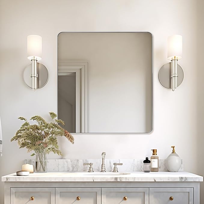 ANDY STAR Square Brushed Nickel Mirror for Bathroom, 24”x24” Silver Metal Frame Wall Mirror, Rounded Corner Stainless Steel Mirror Hangs Horizontal Or Vertical