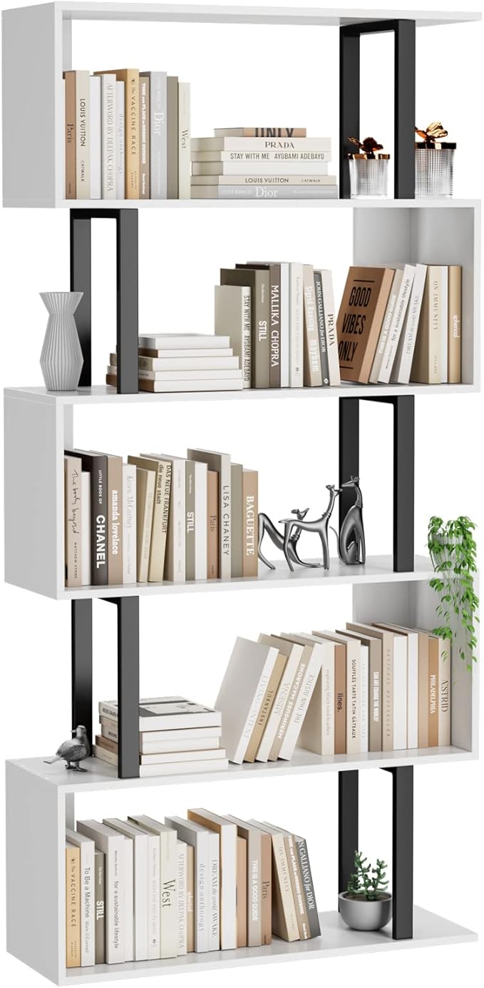 Gadroad 5 Tier Geometric Bookcase,S Shaped Bookshelf, Wood Decorative Storage Shelving, Modern Freestanding Display Shelves, Tall Book Shelf Unit for Living Room Bedroom, White