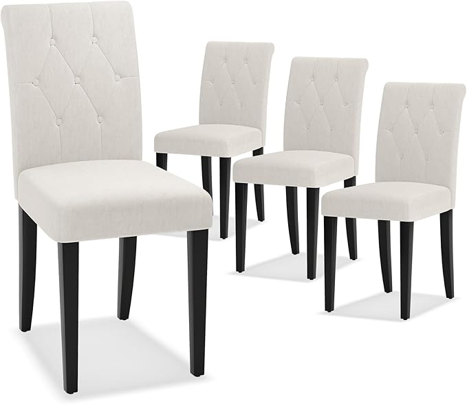 Upholstered Dining Chairs Set of 4, Button Tufted Parsons Dining Chair with Solid Wood Legs, Modern Fabric Side Chair for Hotel/Dining Room/Kitchen/Restaurant- White