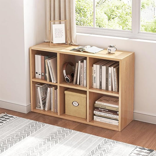 6 Cube Organizer Bookcase - Fabric Storage Bins Container, Open Shelf Simple Compartments Bookshelf, Oak