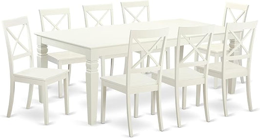 East West Furniture LGBO9-LWH-W 9 Piece Kitchen Table & Chairs Set Includes a Rectangle Dining Table with Butterfly Leaf and 8 Dining Room Chairs, 42x84 Inch, Linen White