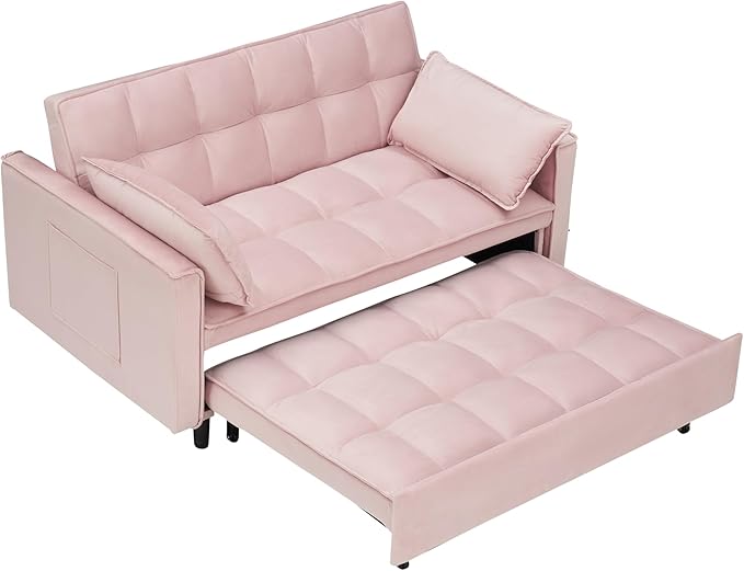 Ball & Cast 3 in 1 Convertible Sleeper Sofa Bed,Velvet Futon Couch with Pull-Out Bed,Convertible Pull Out Couches W/ 2 Pillows,Adjustable Backrest & Side Pocket,for Living Room,Apartment,Pink,55"