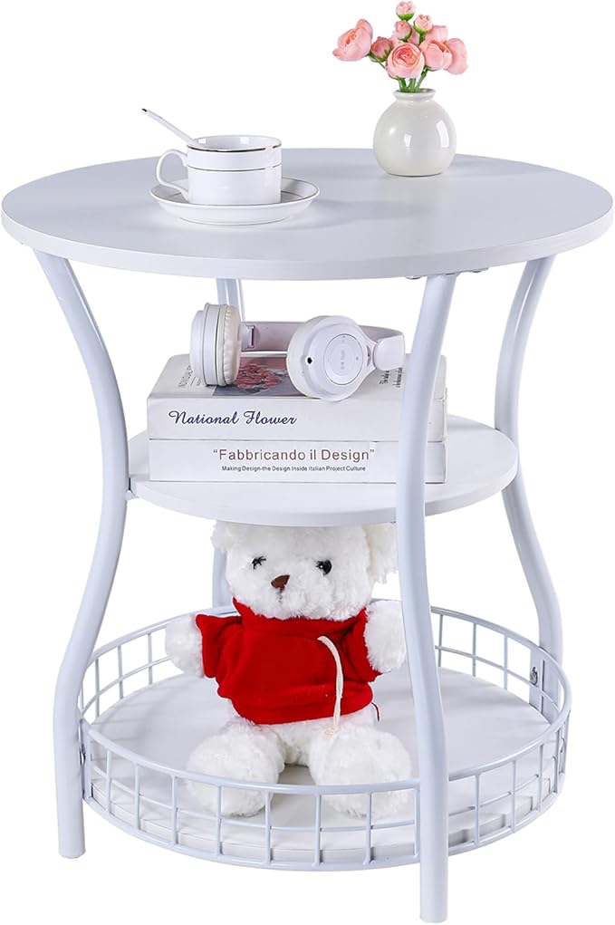 Round End Table, 3-Tier Side Table with Storage, Accent Corner Sofa Beside Table for Small Spaces,Steel Frame Nightstand for Living Room, Bedroom, Small Coffee Table,White