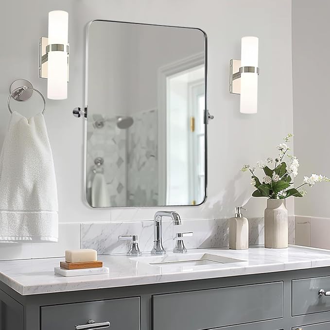 MOON MIRROR Polished Chrome Pivot Mirror for Bathroom, Tilt Bathroom Vanity Rounded Rectangle, Overall 26.33 x 30 in (Mirror 22x 30 in)