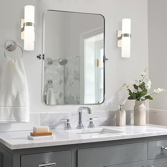 MOON MIRROR Chrome Pivot Rectangle Bathroom Mirror, Modern Tilt Rounded Rectangular Pivoting Vanity Mirrors for Wall, Stainless Steel Metal Polish Frame, Overall 32.33 x 36 in (Mirror 28x 36 in)