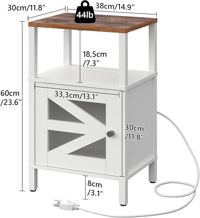 Farmhouse Nightstand with Charging Station, White Bedside Table with USB&Type-C Ports and Outlets, End Table with Storage, Acrylic Door, for Bedroom, White and Rustic Brown ETRW97E01