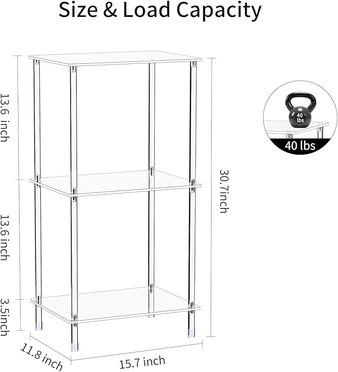 Clear Acrylic Side Table, 15.7" L x 11.8" W x 30.7" H, 3-Tier End Table for Living Room, Small Modern Bedside Tables Nightstand for Bedroom, Home Decor Accent Table