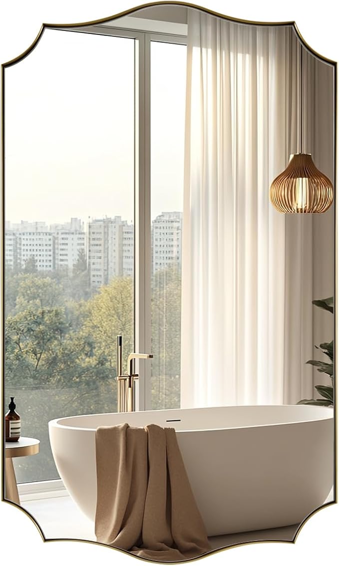 Gold Bathroom Mirror, 24"x40" Gold Asymmetrical Mirror with Scalloped Edge Design, Curved Mirror in Anti-Rust SUS304, Thin Metal Framed, 1" Deep Wall Mounted Vertically/Horizontal