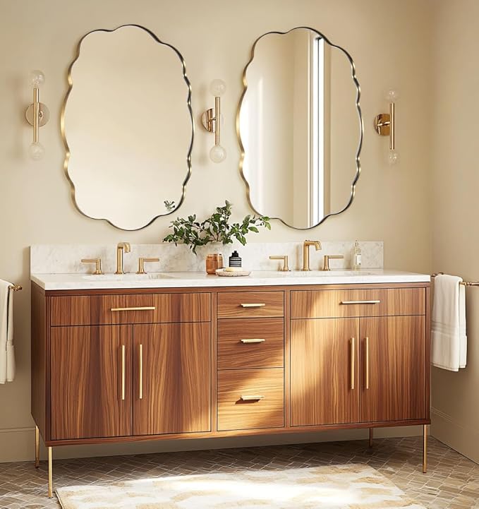 ANDY STAR Brushed Gold Scalloped Mirror - 24x32 Bathroom Mirror, Vintage Oval Wavy Wall Mirror, Brass Anti-Rust Stainless Steel Frame, Hang Vertical or Horizontal