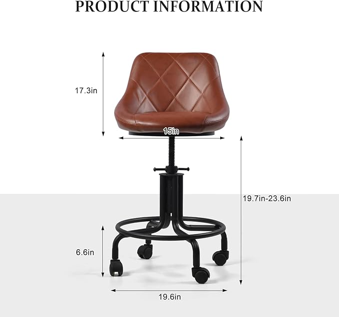 Topower Antique Industrial Design Metal Adjustable Height Kitchen Dining Breakfast Chair Industrial Style Bar Stool with Wheels, Fully Welded, Brown PU Leather Sea