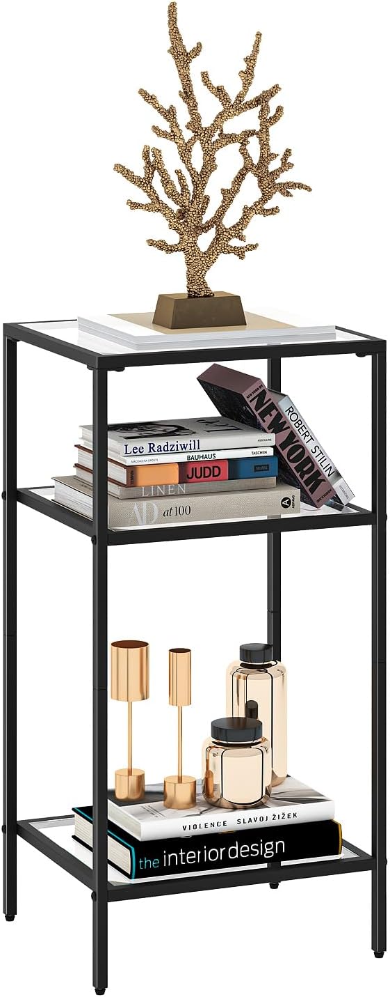 Homhedy 3-Tier Side Tables Set of 2, End Tables with Tempered Glass, Nightstands with Storage Shelves, Slim Sofa Tables for Living Room, Bedroom (2, Black)