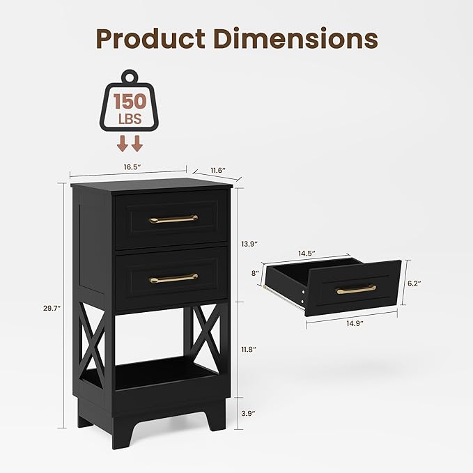 Tall Nightstand Set of 2 Side Table with 2 Drawers Modern Night Stand Wooden End Table Bedside Table with Below Open Shelf Solid Feet for Bedroom, Living Room, Black