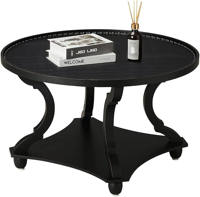 Wnutrees Farmhouse Round Coffee Table, Wood Tray Top Circle Coffee Table with Storage Shelf Rustic Style for Living Room and Vintage Finish, Black