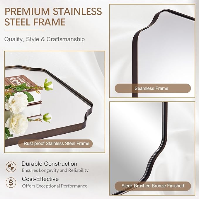 ANDY STAR Rectangle Mirror 30x40 Inch, Brushed Bronze Scalloped Mirror for Bathroom, Rust-Proof Stainless Steel 1" Frame, Antique Scalloped Edge Design Ideal for Home Decor