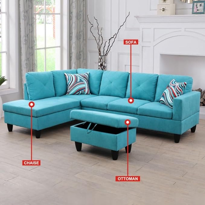 Light Blue L-Shaped 3-Piece Linen Sofa with Storage Ottoman Set, Sectional Couch Sofa Set for Living Room, Office, Small Space