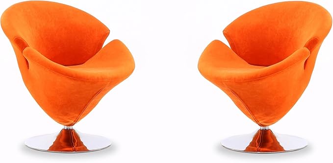 Manhattan Comfort Tulip Swivel Accent Chair Set of 2 with 360° Turn, Modern Flower Inspired Design, Soft Velvet Upholstery, Polished Chrome Base, No Assembly Required, 300 Lbs Capacity, Orange