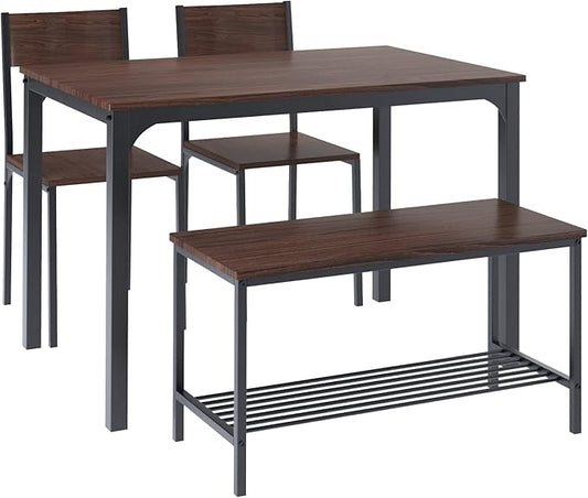 SogesHome 4-Piece Dining Table Set for 4 - Space-Saving Kitchen Set with Bench and Chairs, Ideal for Restaurants and Coffee Shops, Dark Walnut