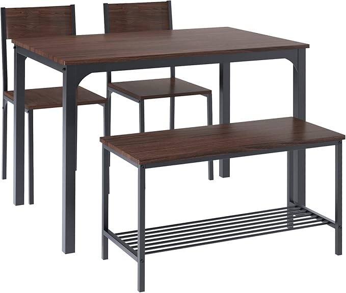 SogesHome Kitchen Table Set for 4, Compact Dining Table Chair Set with Bench, 4 Piece with Built-in Storage Racks, Metal Frame, for Apartment, Restaurant, Dark Brown