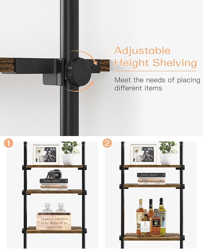 ALLZONE Adjustable Tall Narrow Bookshelf for Bedroom, 4-Tier Ladder Bookcase for Small Spaces, Tension Mount Tall Skinny Book Shelf with Open Storage, 64 to 113Inch Height
