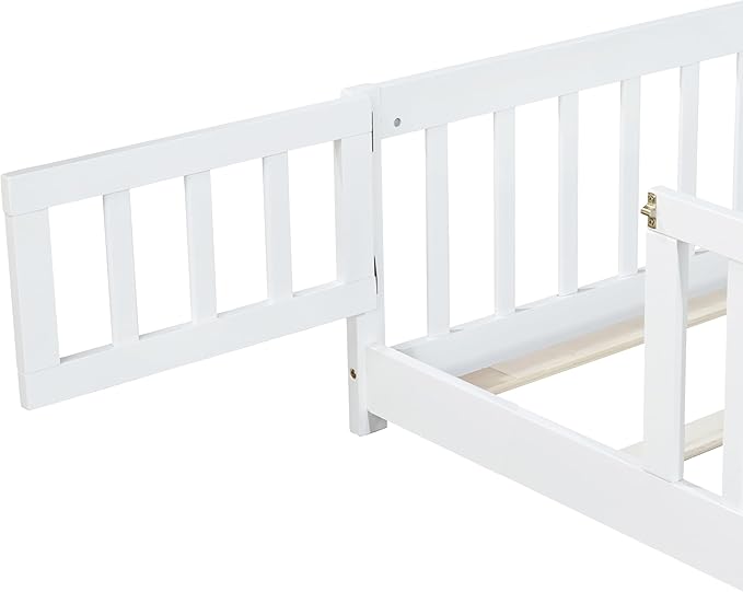 Twin Floor Bed Frame with Slats and Safety Guardrail, Wood Twin Size Montessori Floor Bed with Door and Fence, Easy Assemble Montessori Beds for Kids, Girls, Boys, White
