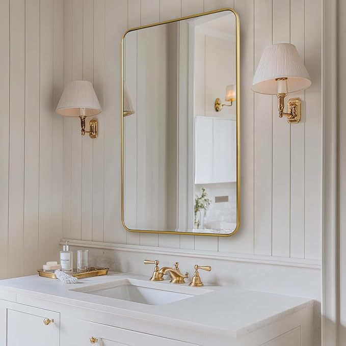 ANDY STAR 24x36 Rectangle Bathroom Mirror, Brushed Gold Stainless Steel Metal Frame Bathroom Mirror for Over Sink, Modern Rounded Corner Brass Vanity Wall Mirror, Hangs Horizontally or Vertically