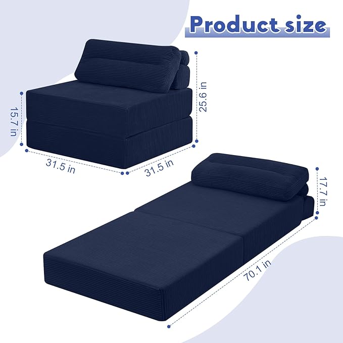 MeMoreCool Instant Guest-Ready Comfort — Convertible Folding Sofa Bed Chair with Pillow for Small Spaces & dorms, Removable Machine-Washable Cover, no Assembly, Space-Saving Floor futon, Navy