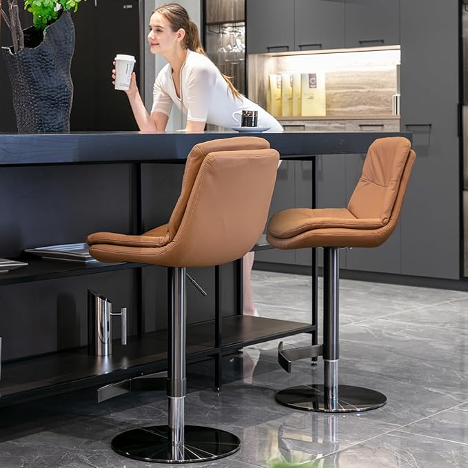 CozyRain Bar Stools Adjustable Stainless Steel Swivel Barstool with Back and Footrest,Modern Faux Leather Upholstered Bar Chairs for Home Kitchen,Bar, Counter Black/Light Brown (Light Brown)