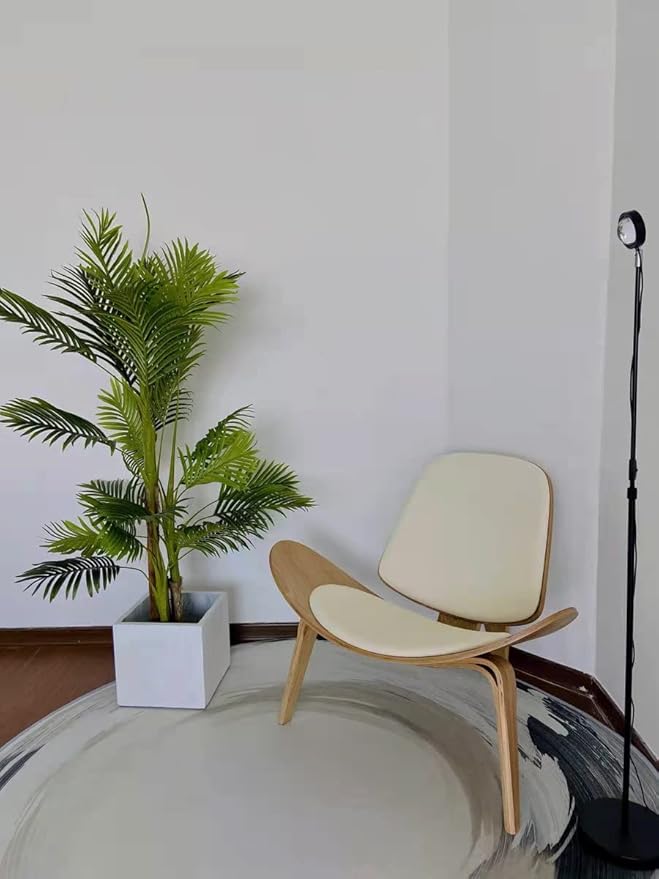 Hans Wegner Style Three- Legged Shell Chair Ash Plywood White Faux Leather Accent Chair Living Room Furniture Mid-Century Modern Shell Chair (Wood Color-White)