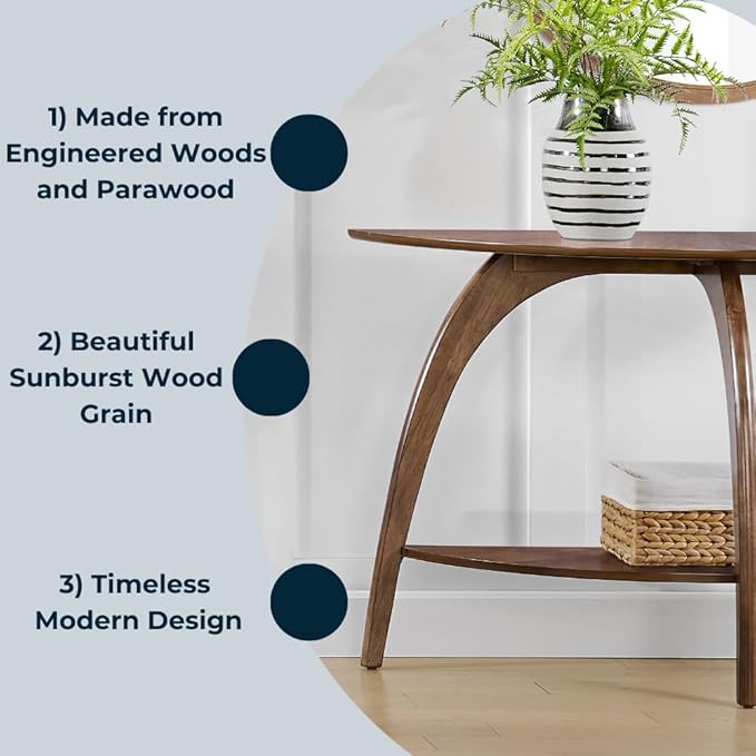 Martin Svensson Home LAX Walnut Brown 48-Inch Half-Moon Wood Sofa Console Table with Shelf Storage