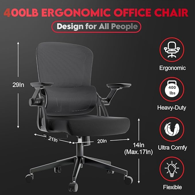 Big and Tall Ergonomic Office Chair，400LB Comfy Desk Chairs with Lumbar Back Support, Heavy Duty Mesh Computer Chairs with Wheels and Arms Comfortable for Home Office, Study, Bedroom