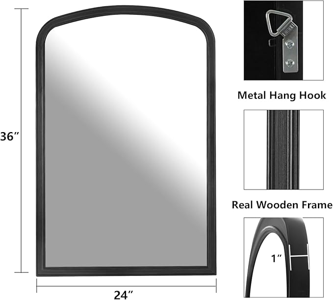 HOMECOOKIN Wood Arched Mirror for Bathroom, 24" x 36" Farmhouse Rustic Arched Wall Mirror Wood Framed Vanity Mirror for Home Decor Entryway Living Room (Black)