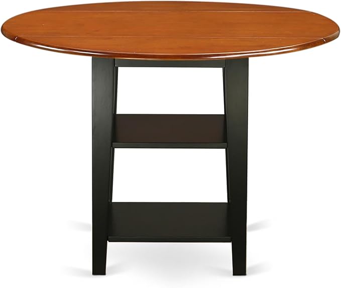East West Furniture SUAN3-BCH-C 3 Piece Dining Room Table Set Contains a Round Kitchen Table with Dropleaf & Shelves and 2 Linen Fabric Upholstered Chairs, 42x42 Inch, Black & Cherry