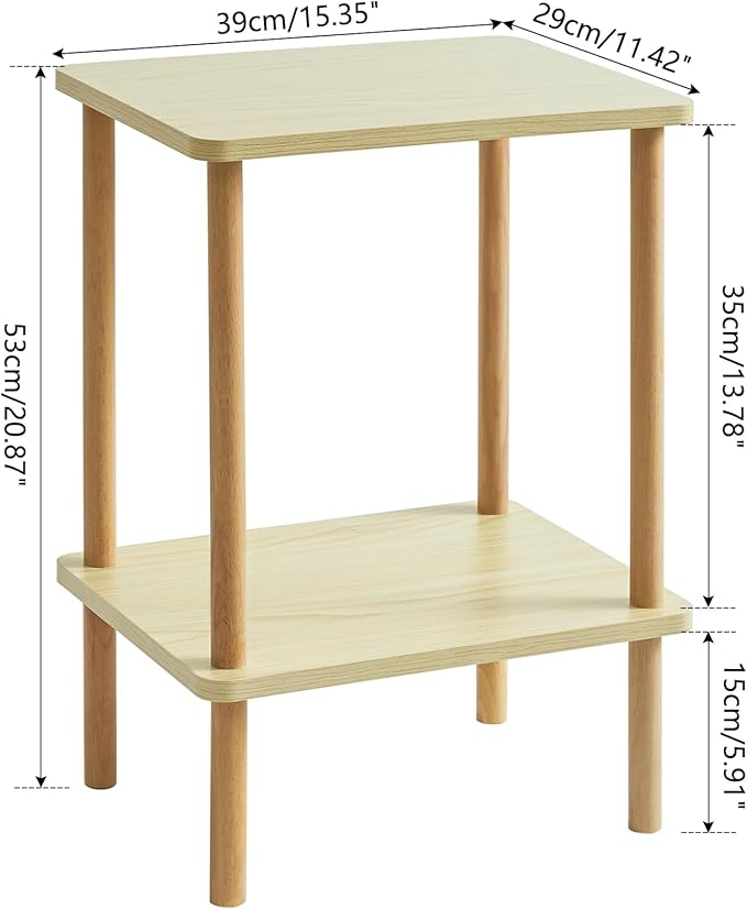 IBUYKE 2-Tier Side Table, Solid Wood Tall End Table with Storage Shelves, Nightstand Bedside Table for Living Room Bedroom Office, No-Tool Assembly, Light Natural UWST002S