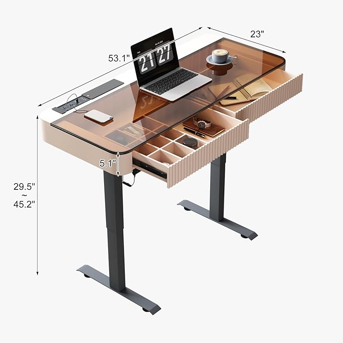 Lartis Office Desk, Electric Computer Lift Table Standing Desk with Drawer Charging USB Port, Home Office Laptop Table with Drawer