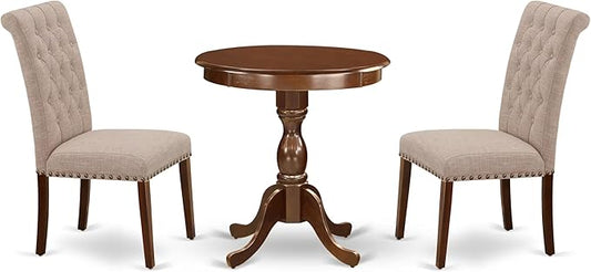 East West Furniture ESBR3-MAH-04 3 Piece Modern Dining Table Set Contains a Round Wooden Table with Pedestal and 2 Light Tan Linen Fabric Parson Dining Chairs, 30x30 Inch, Mahogany